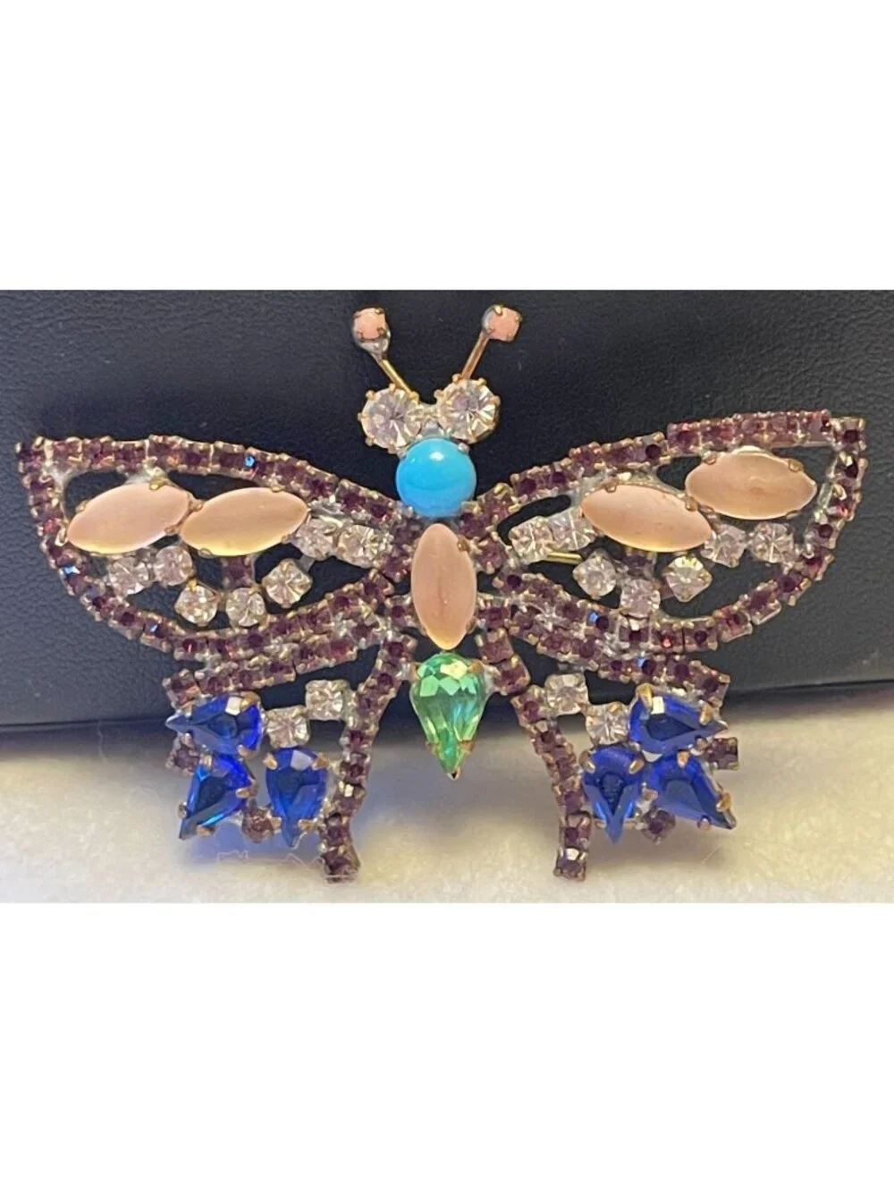 Vtg Czech Glass Butterfly Brooch With Rare Colored Glass Stones & Intricate Desi